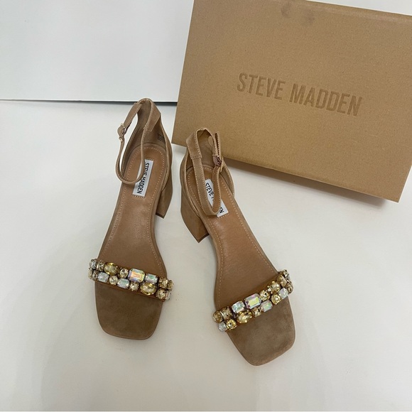 Steve Madden Tan Suede Malay Embellished Ankle Strap Block Heel Sandal New N Box - Picture 3 of 17